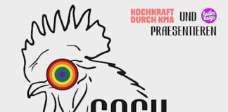 Mittig platzierter Hahn mit Regenbogen Farben im Auge. Oben rechts Logo von Kochkraft durch KMA und Ladies & Ladys Label. Mittig steht Cock Am Ring. 24 Flintastische Coverversionen